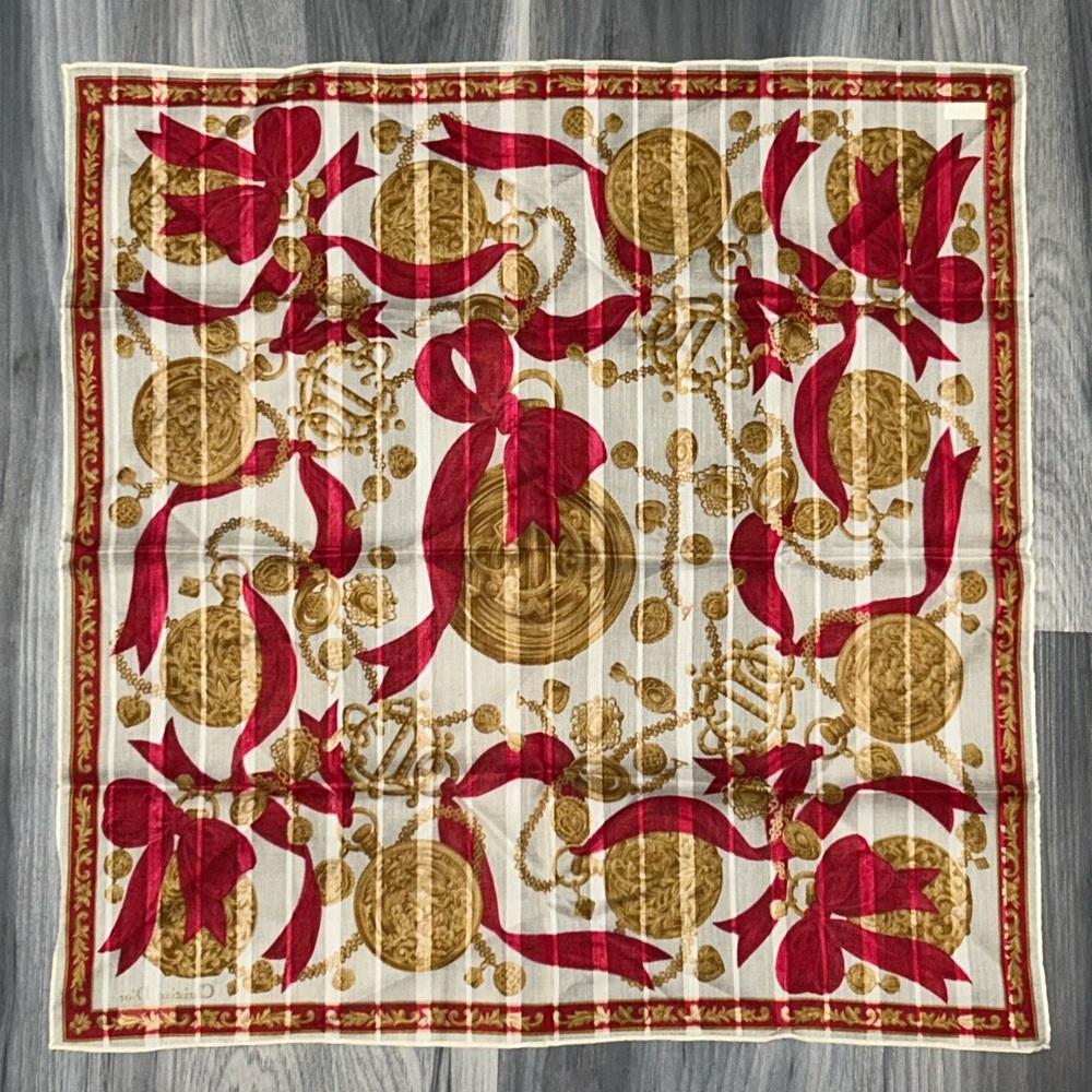 Vintage Christian Dior Gold Chain Red Ribbon Cotton Handkerchief Scarf - Picture 10 of 12